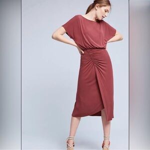 Anthropologie Moulinette Soeurs Etta Ruched Dress in Rich Burgundy, S, Midi